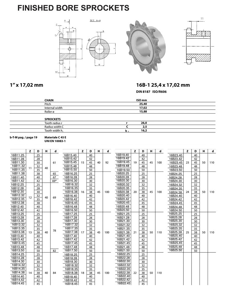완성된 보어 스프로킷 16B ISO 기술 표