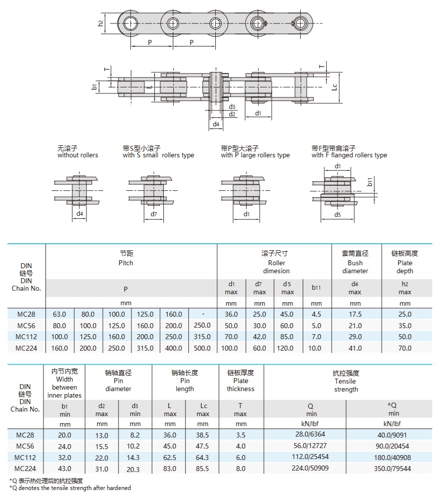 MC 시리즈 미터법 중공 핀 컨베이어 체인 카테고리